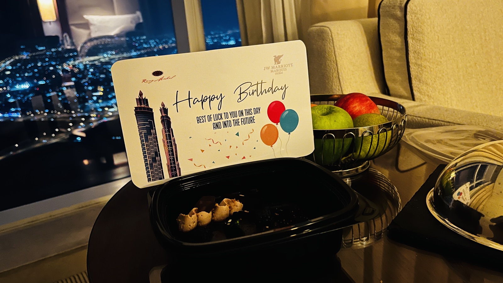 Birthday welcome amenity in our upgraded room at JW Marriott Marquis Dubai