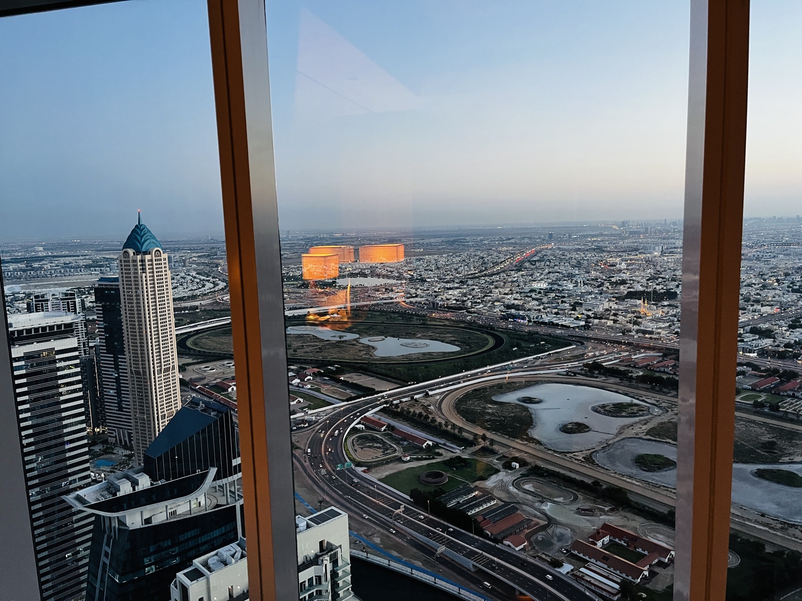Evening view of Dubai skyline from the 60th-floor guest room at JW Marriott Marquis Dubai